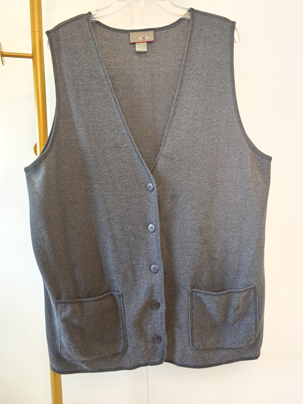 New York Style Navy Blue Button-Front Sweater Vest with Patch Pockets Mens L